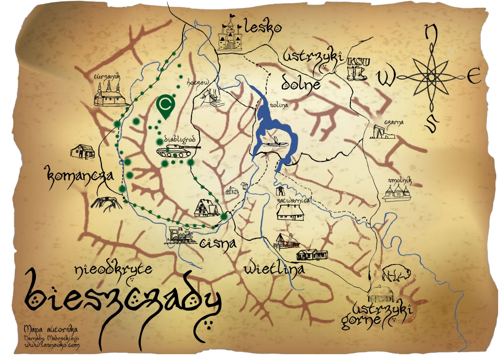 Samochodowy szlak Bieszczady wg Barnaby. Pk 6 Jeziorko Bobrowe na Huczwicach gdzie w bieszczady d1 chocen mapa