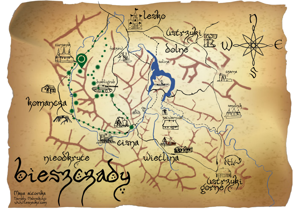 Samochodowy szlak Bieszczady wg Barnaby. Pk 6 Jeziorko Bobrowe na Huczwicach Samochodowy szlak Bieszczady wg Barnaby. Pk 9 Cerkiew w Turzańsku